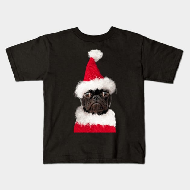 Cute Black Pug in Christmas Santa Hat Kids T-Shirt by k8creates